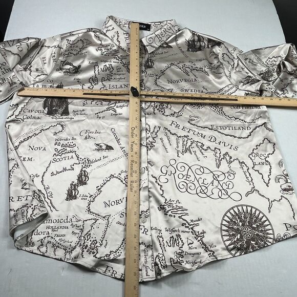 Cider Satin Map Print Shirt Collared Button Down Long Sleeve Silky Travel 2XL - Picture 5 of 10